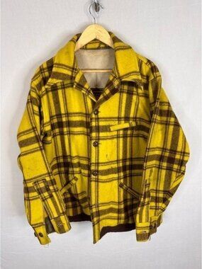 Vintage Yellow Brown Plaid Wool Cruiser Jacket Heavy Outdoor Shacket Mens L